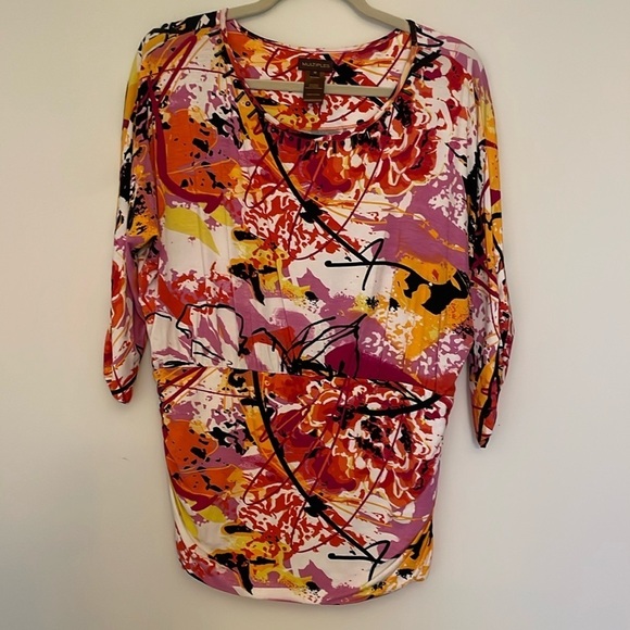 MULTIPLES Soft Knit Dolman Sleeve Top Blouse Floral Paint Design Pink Orange M - Picture 1 of 6